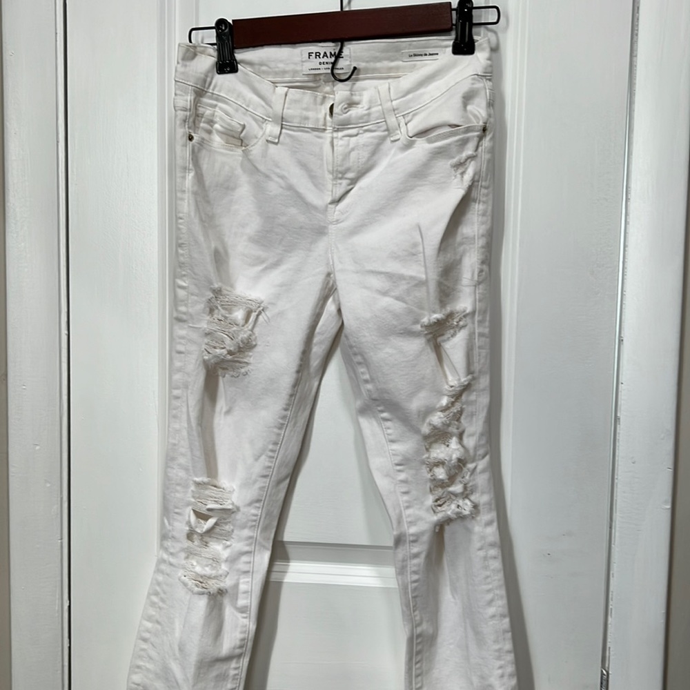 Frame Distressed White Skinny De Jeanne Jeans Sz 26